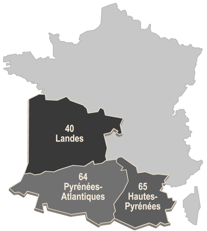 Carte des départements des Hautes Pyrénées (65), des Pyrénées Atlantiques (64) et des Landes (40)